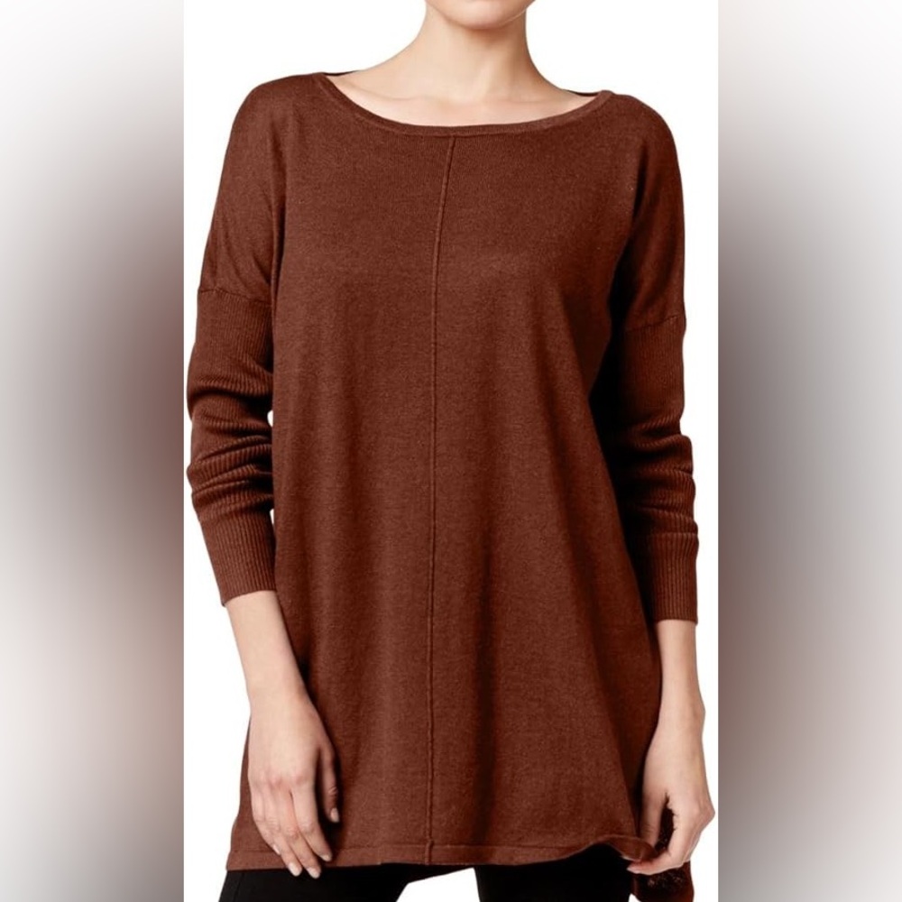 Style & Co. Womens Petites Boat-Neck Ribbed Knit Pullover Sweater Brown Size PM